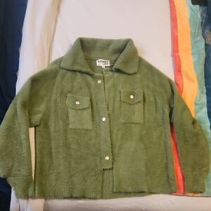 BUCKETLIST Olive Green Fuzzy Snap Cardigan